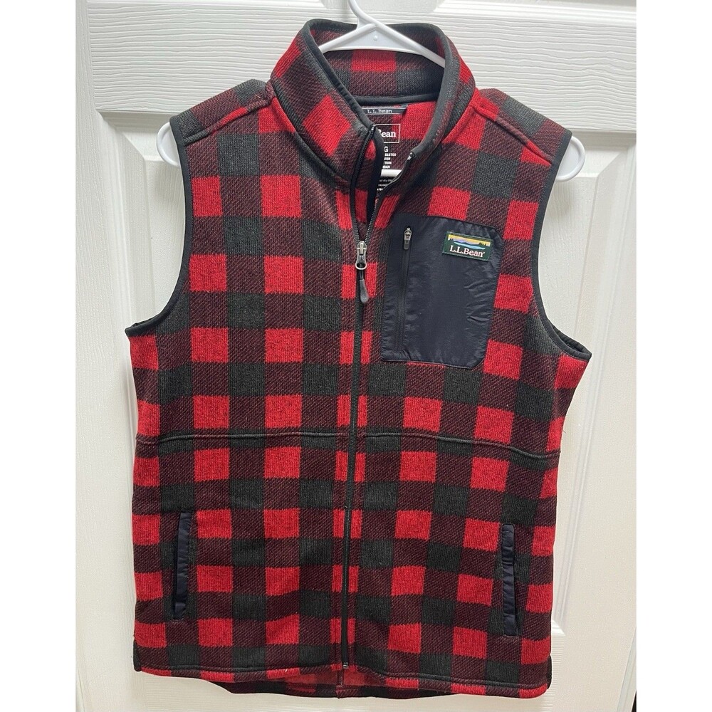 LL Bean Vest Womens M Red Buffalo Plaid Fleece Tunic Full Zip Cabin Camping